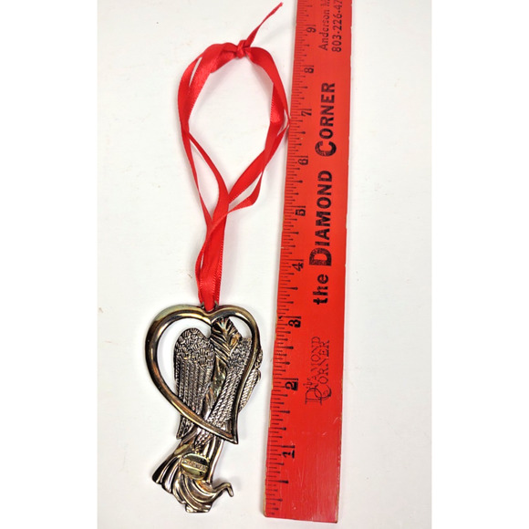 VTG Lenox Silver Plated Angel Christmas Ornament HOPE w Red Ribbon 3.25” - Picture 4 of 6